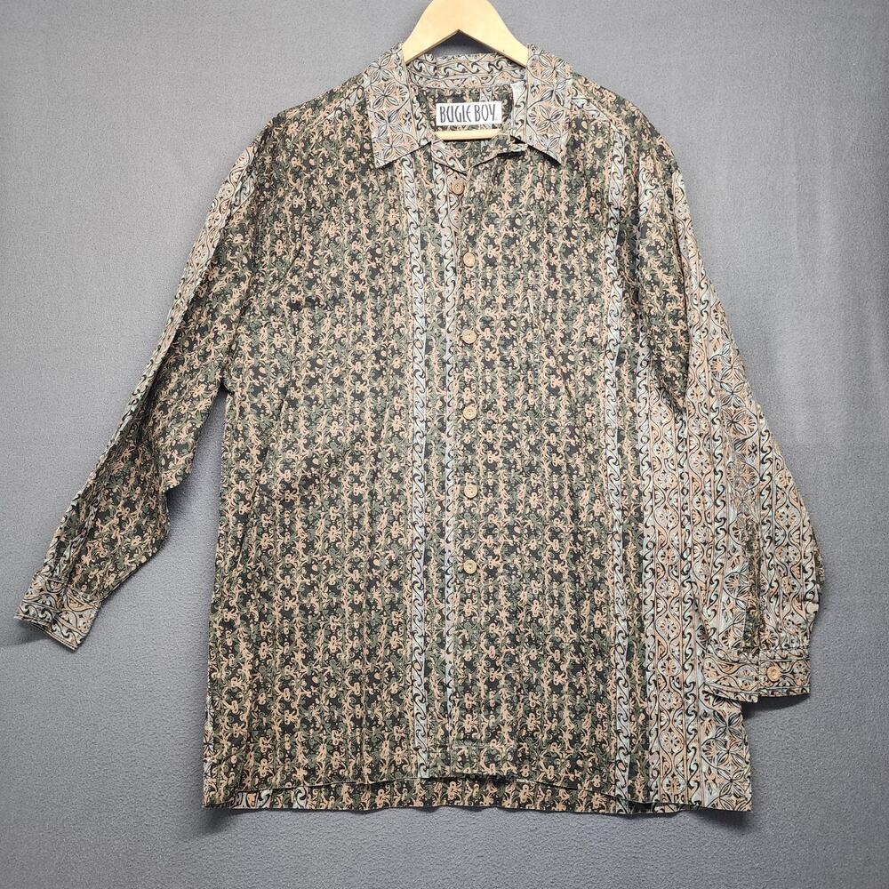 Vintage Bugle Boy Shirt Mens XL Green Tan Ramie Cotton Button Long Sleeve 90s